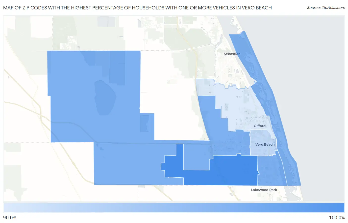 Zip Codes with the Highest Percentage of Households With One or more Vehicles in Vero Beach Map