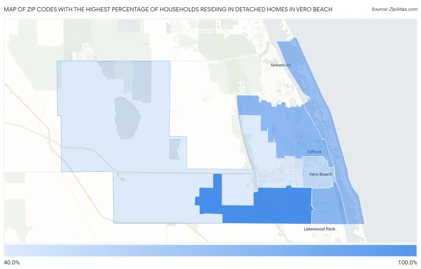 Zip Codes with the Highest Percentage of Households Residing in Detached Homes in Vero Beach Map