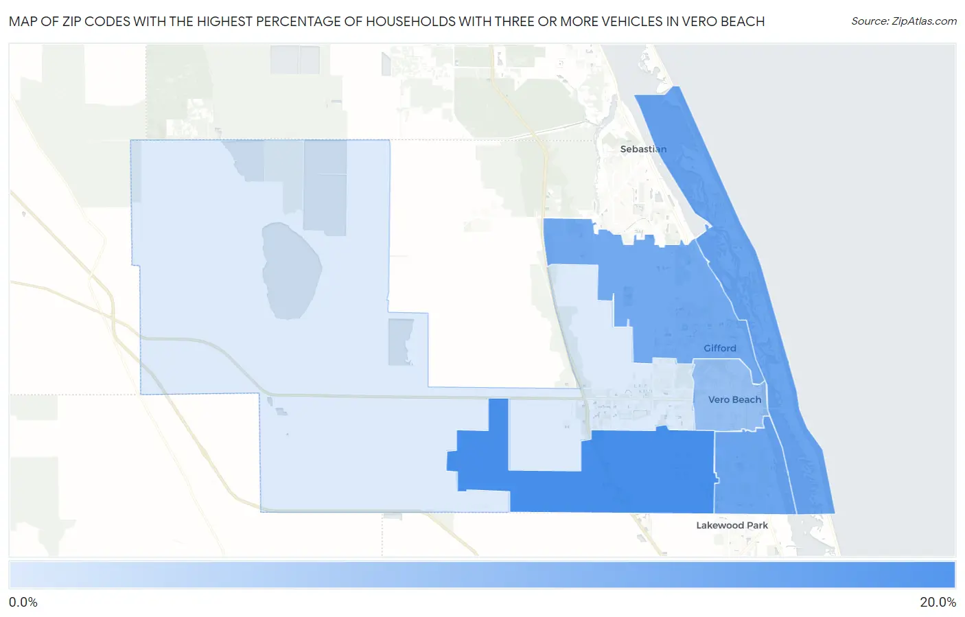 Zip Codes with the Highest Percentage of Households With Three or more Vehicles in Vero Beach Map