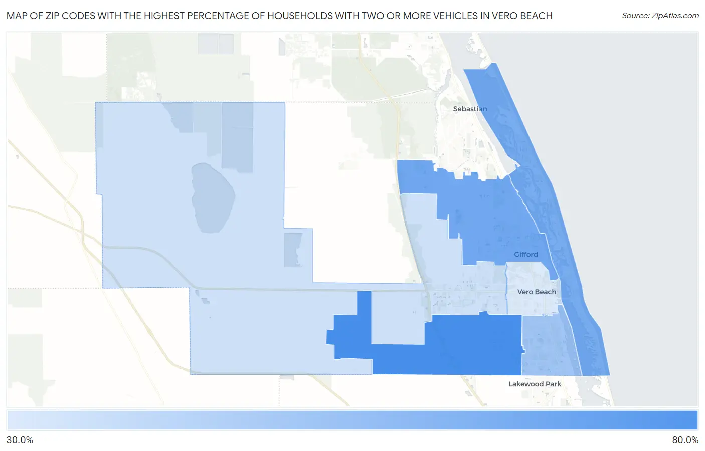 Zip Codes with the Highest Percentage of Households With Two or more Vehicles in Vero Beach Map