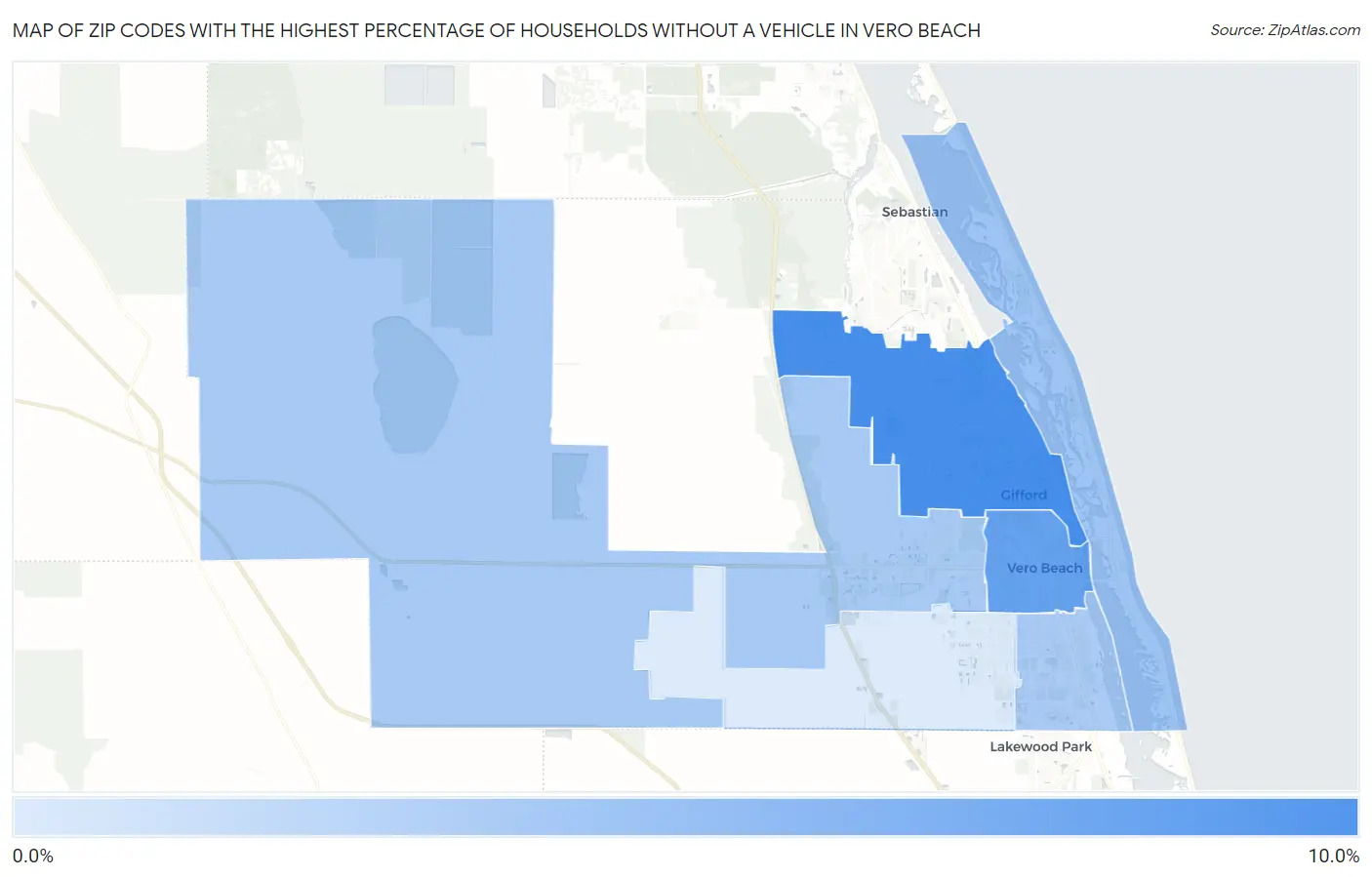Zip Codes with the Highest Percentage of Households Without a Vehicle in Vero Beach Map