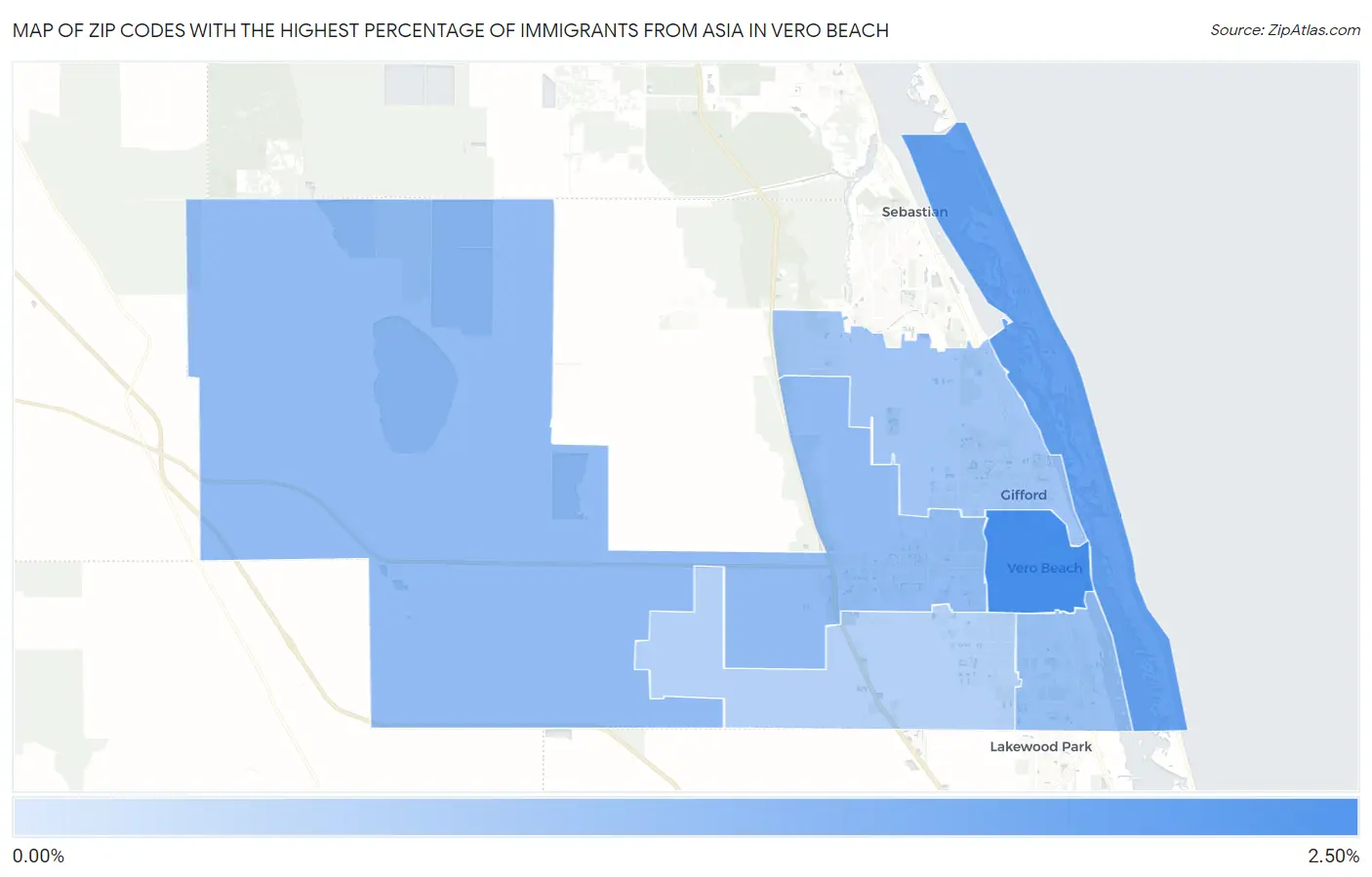 Zip Codes with the Highest Percentage of Immigrants from Asia in Vero Beach Map