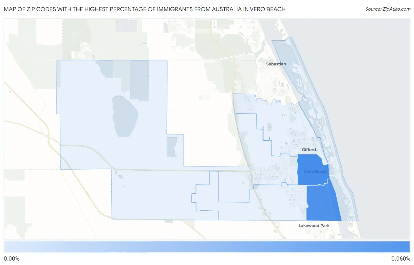 Zip Codes with the Highest Percentage of Immigrants from Australia in Vero Beach Map