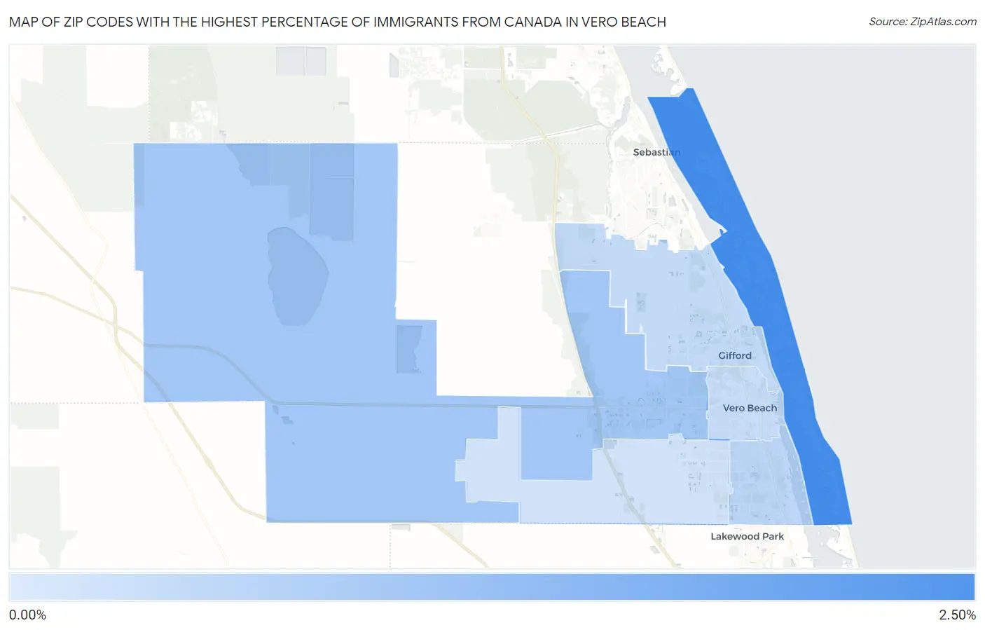 Zip Codes with the Highest Percentage of Immigrants from Canada in Vero Beach Map
