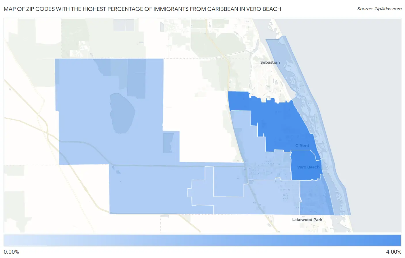 Zip Codes with the Highest Percentage of Immigrants from Caribbean in Vero Beach Map