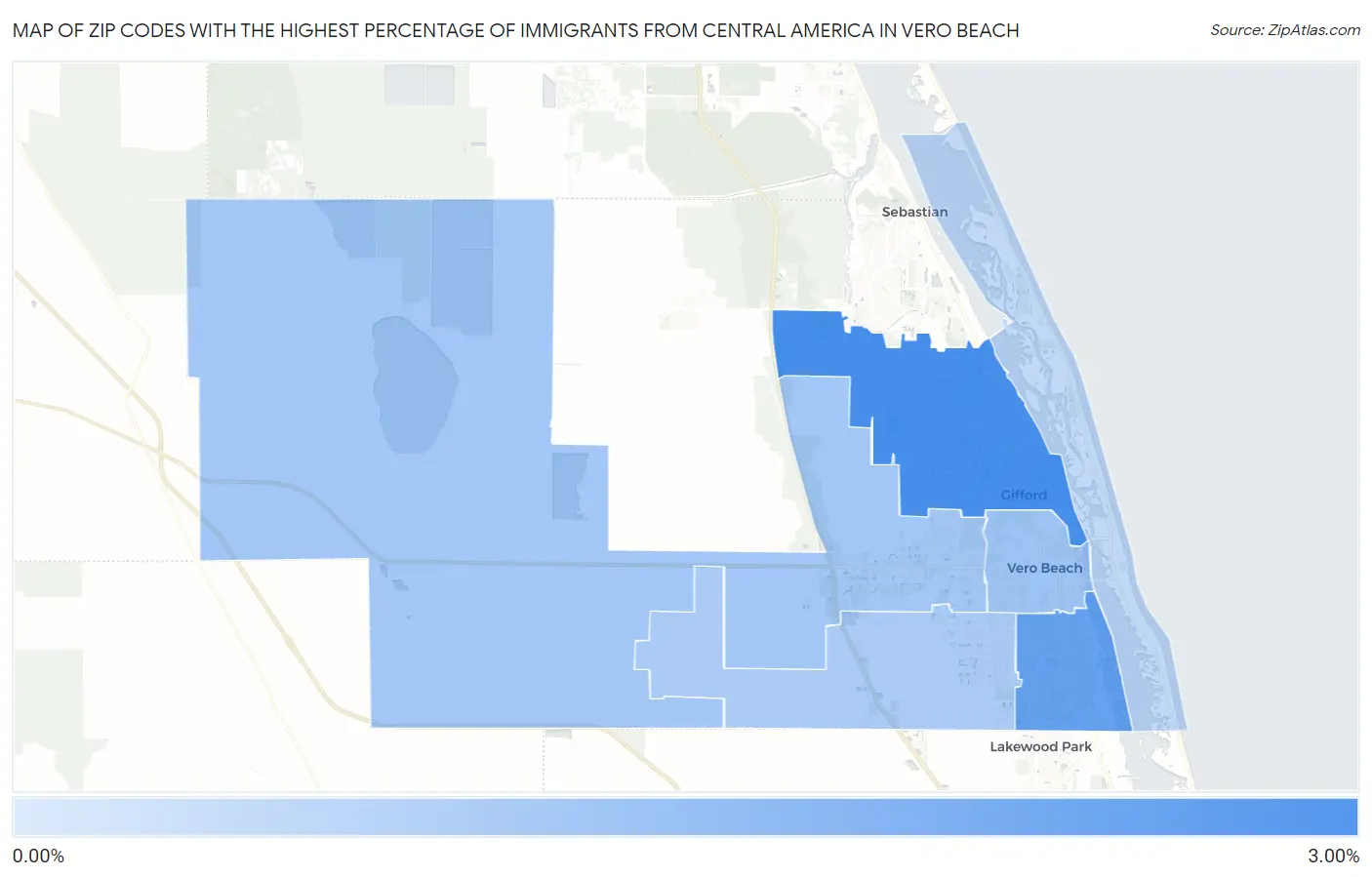 Zip Codes with the Highest Percentage of Immigrants from Central America in Vero Beach Map