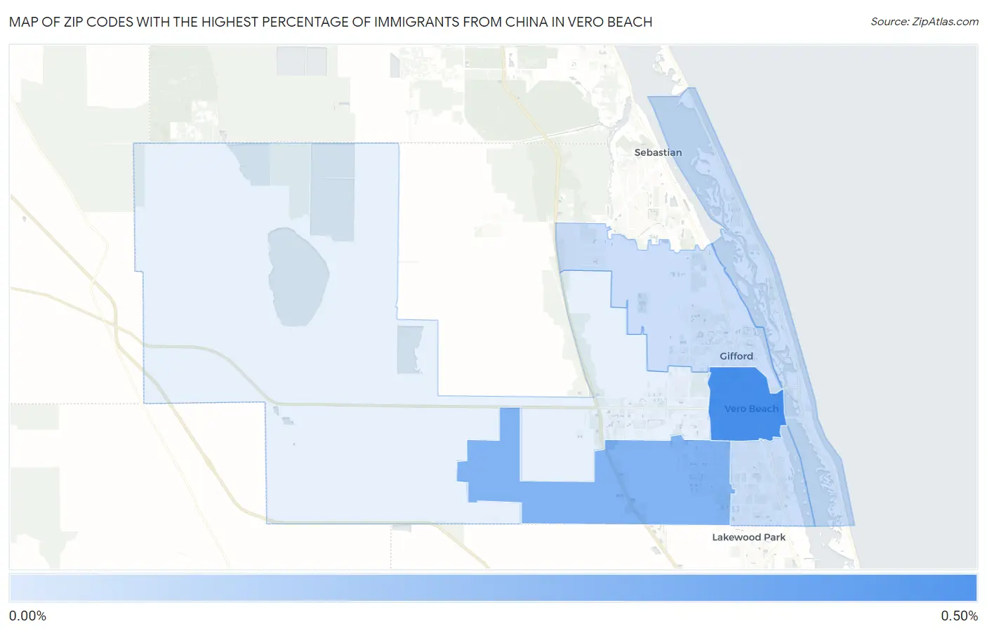 Zip Codes with the Highest Percentage of Immigrants from China in Vero Beach Map