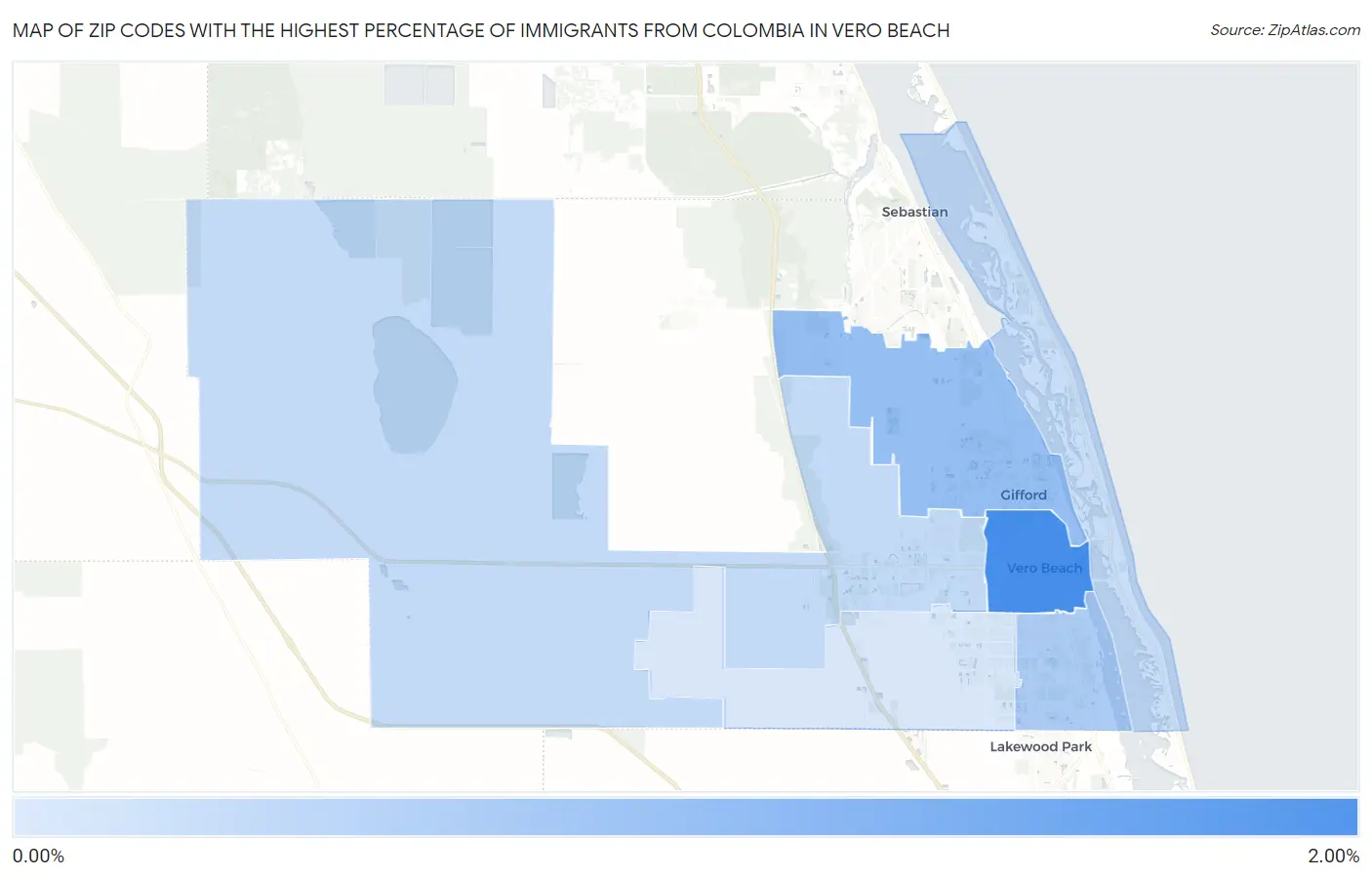 Zip Codes with the Highest Percentage of Immigrants from Colombia in Vero Beach Map