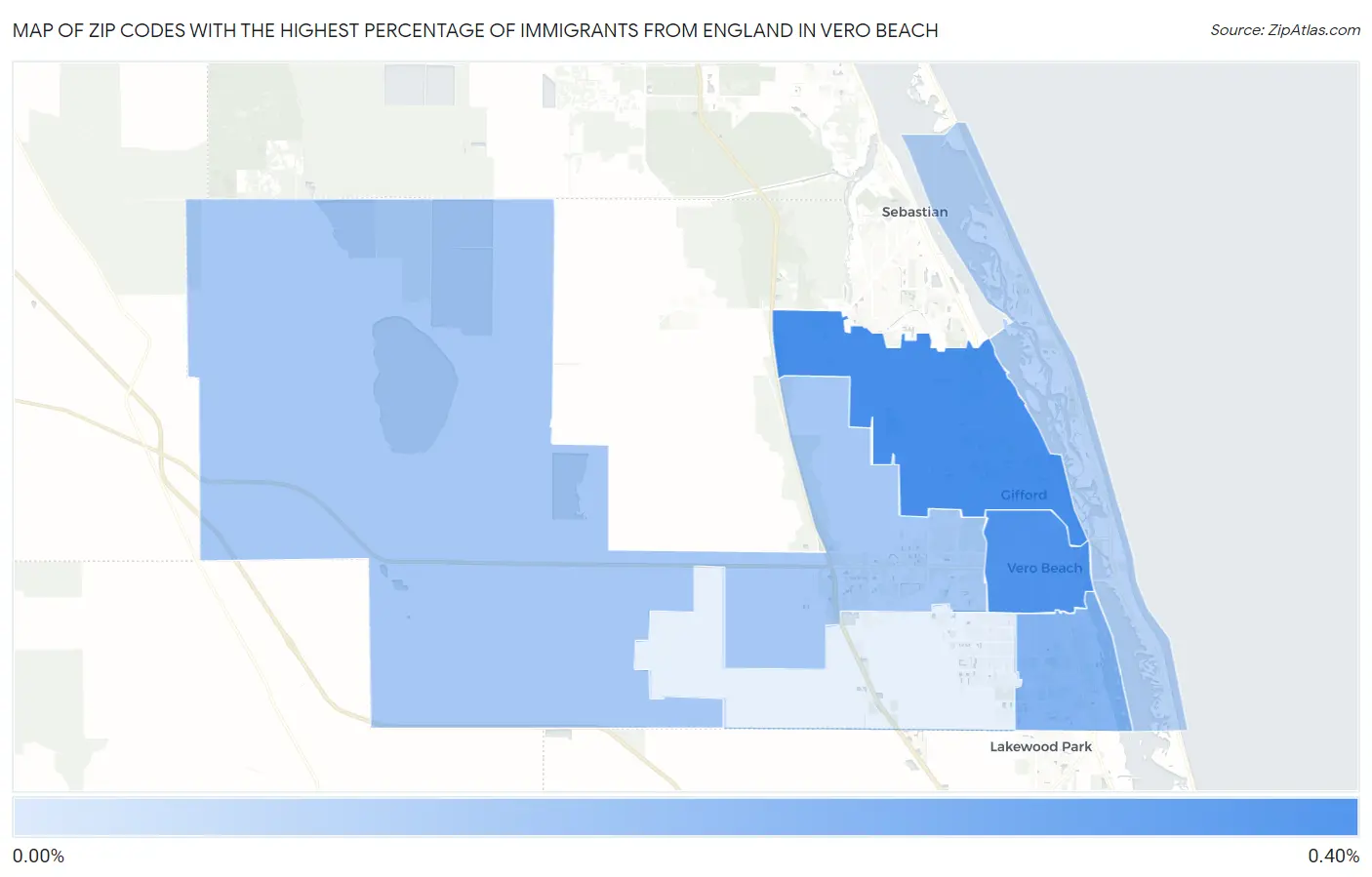 Zip Codes with the Highest Percentage of Immigrants from England in Vero Beach Map