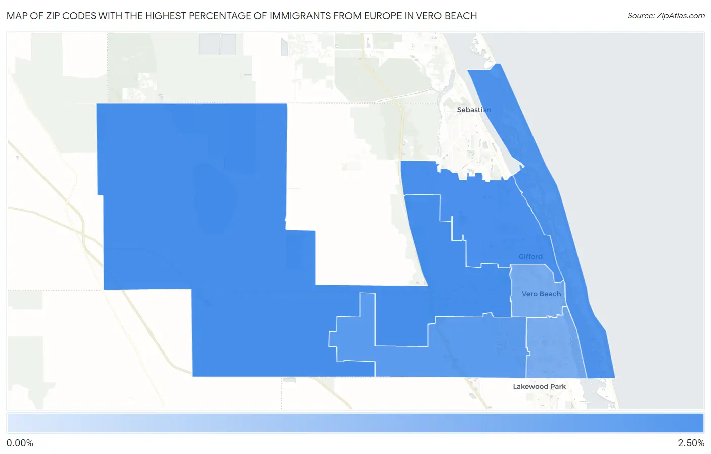Zip Codes with the Highest Percentage of Immigrants from Europe in Vero Beach Map