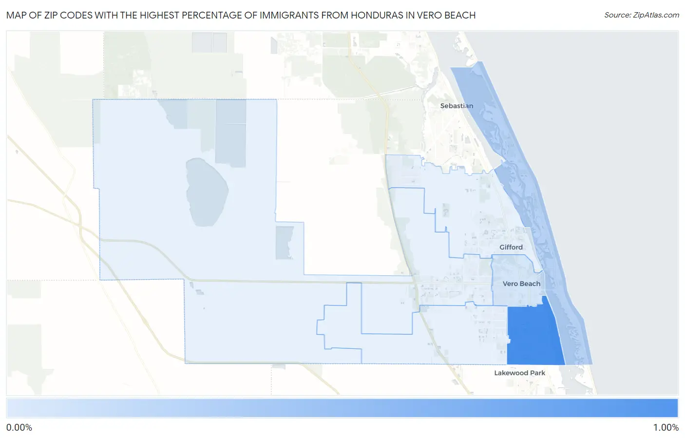 Zip Codes with the Highest Percentage of Immigrants from Honduras in Vero Beach Map