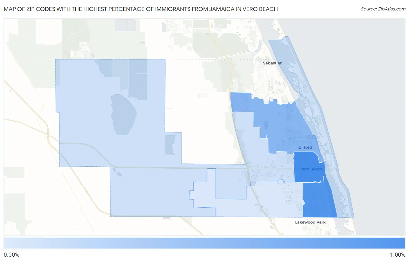 Zip Codes with the Highest Percentage of Immigrants from Jamaica in Vero Beach Map