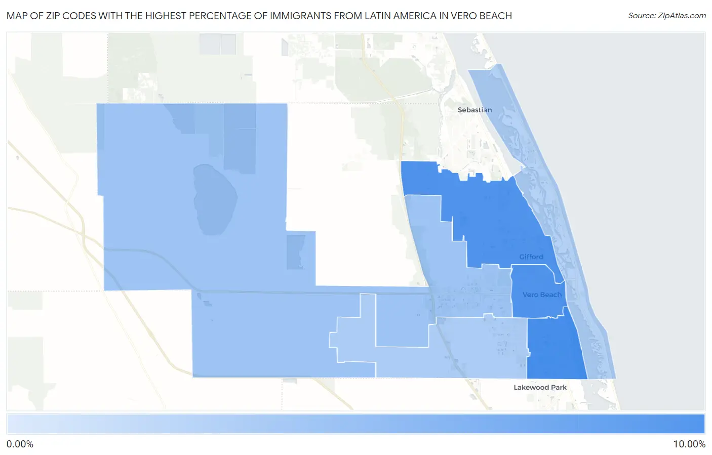 Zip Codes with the Highest Percentage of Immigrants from Latin America in Vero Beach Map