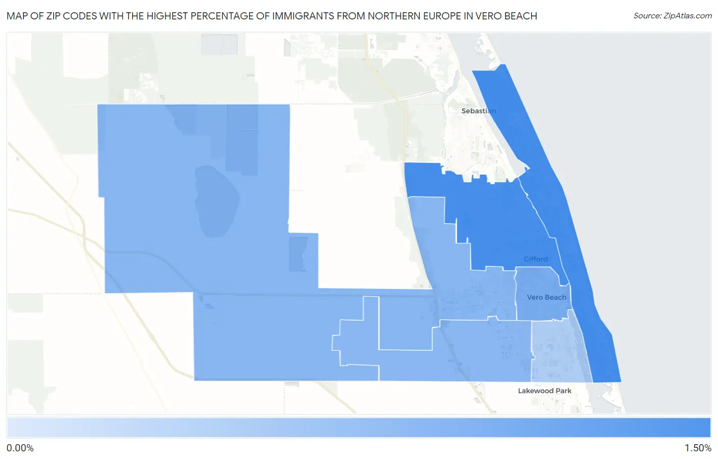 Zip Codes with the Highest Percentage of Immigrants from Northern Europe in Vero Beach Map