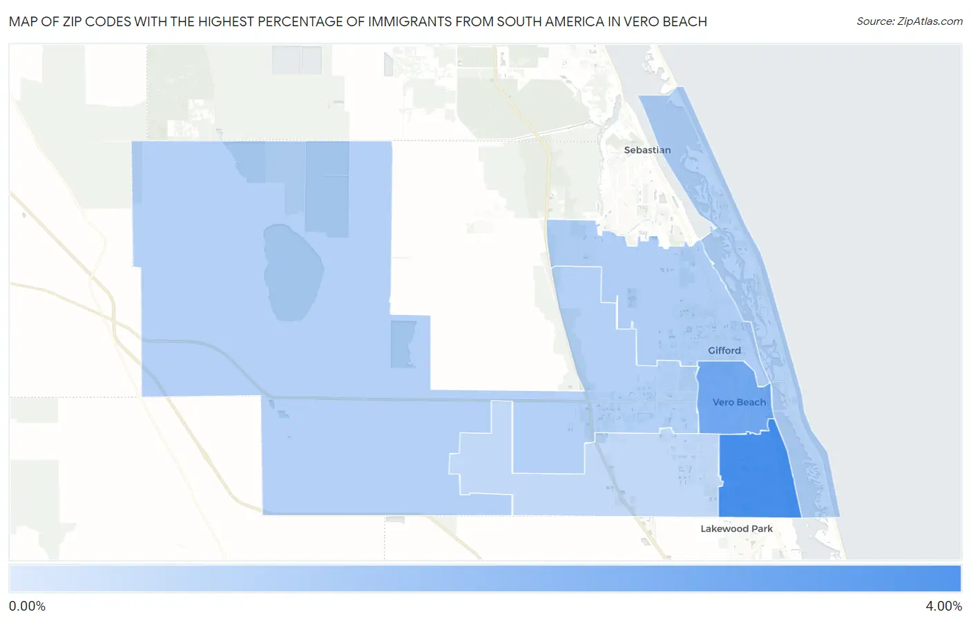 Zip Codes with the Highest Percentage of Immigrants from South America in Vero Beach Map