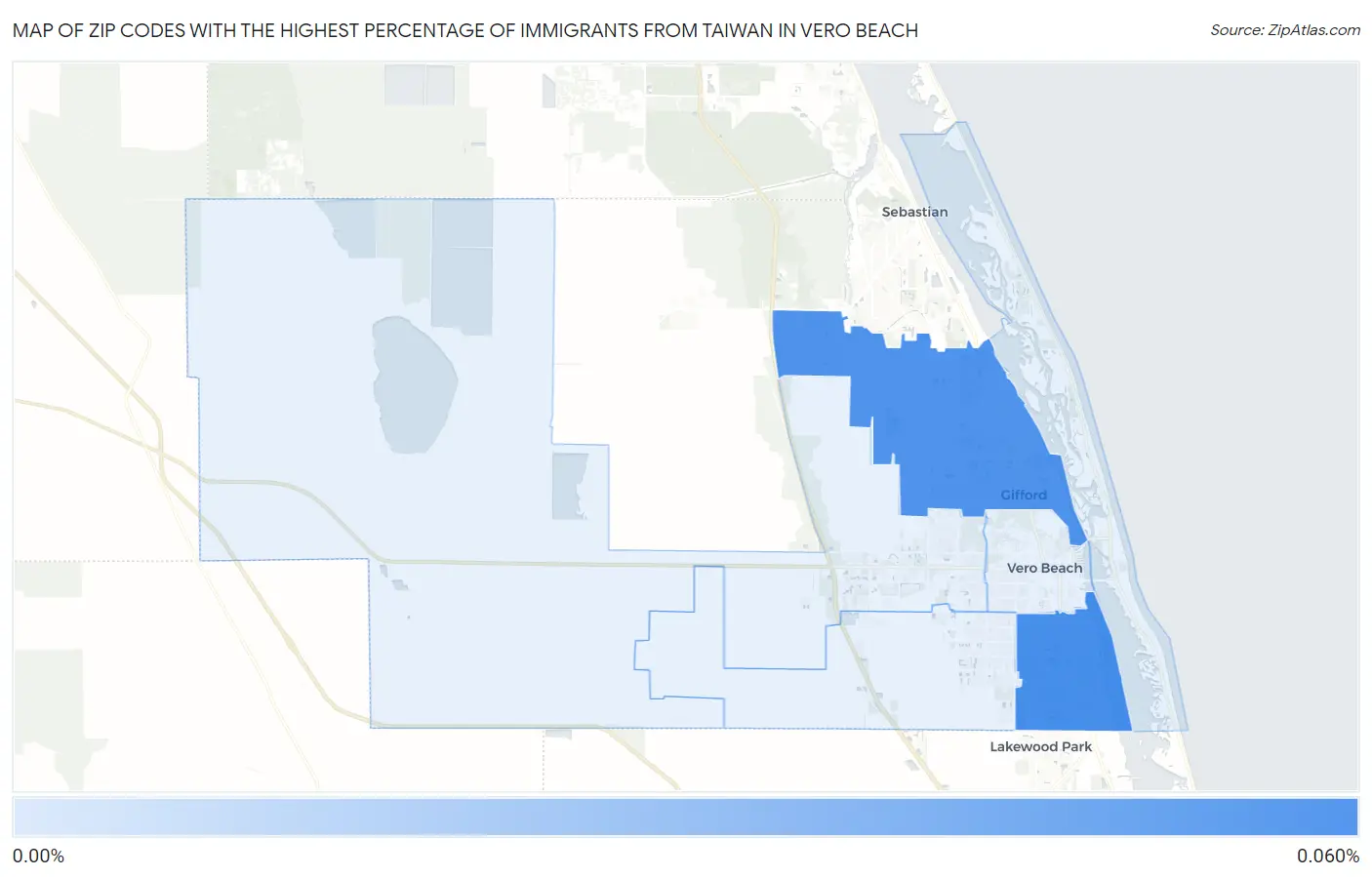Zip Codes with the Highest Percentage of Immigrants from Taiwan in Vero Beach Map