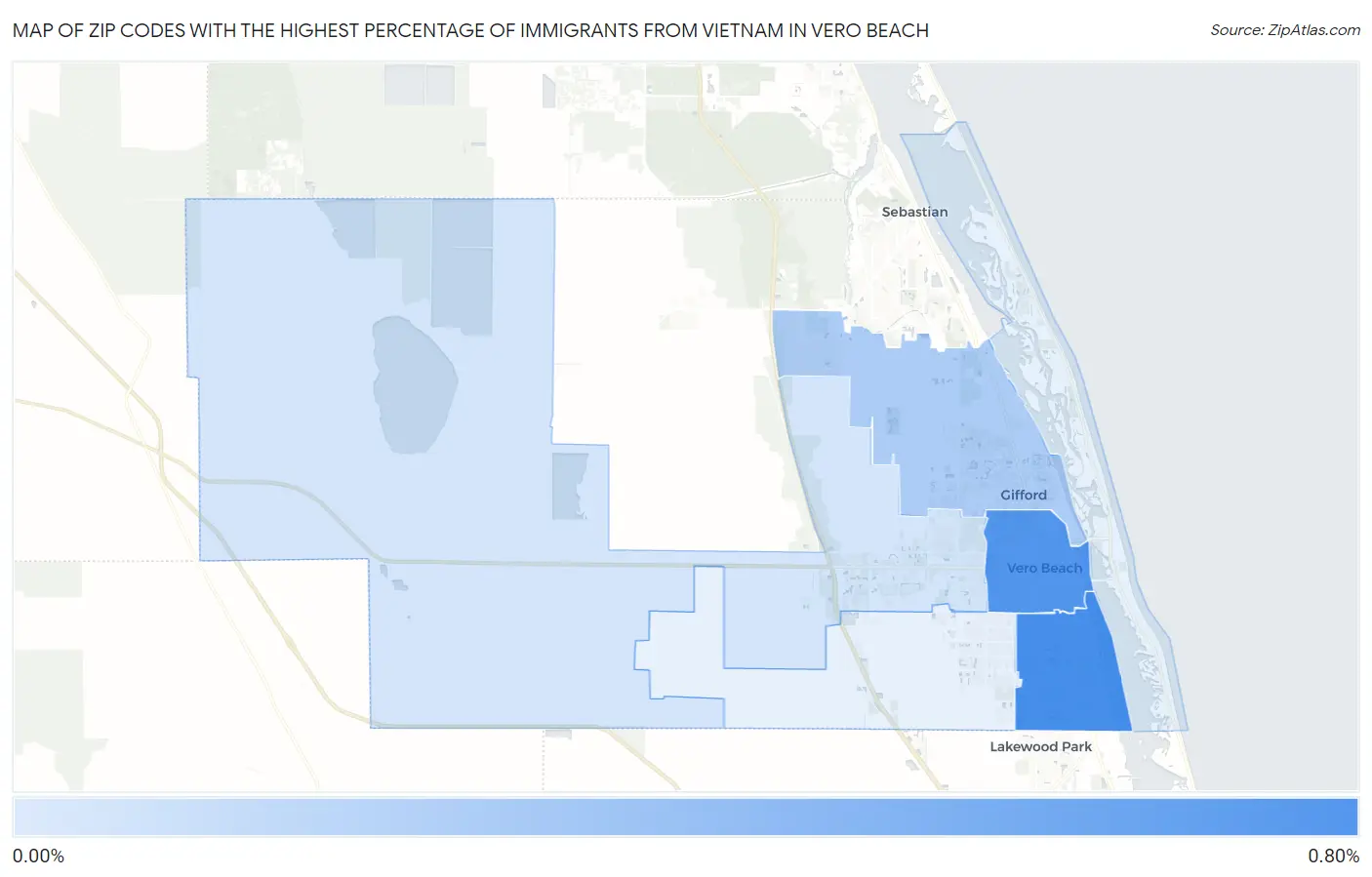 Zip Codes with the Highest Percentage of Immigrants from Vietnam in Vero Beach Map