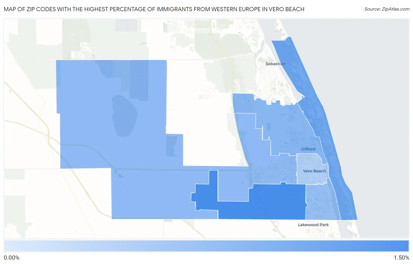 Zip Codes with the Highest Percentage of Immigrants from Western Europe in Vero Beach Map