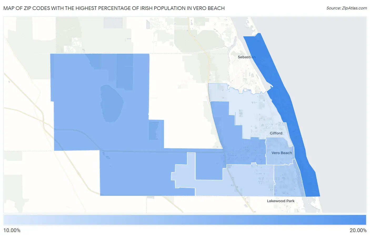 Zip Codes with the Highest Percentage of Irish Population in Vero Beach Map