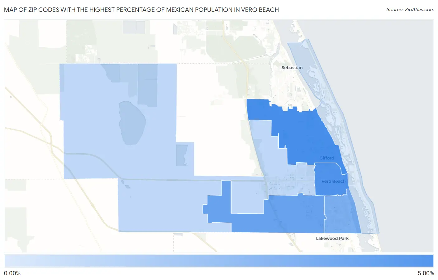 Zip Codes with the Highest Percentage of Mexican Population in Vero Beach Map