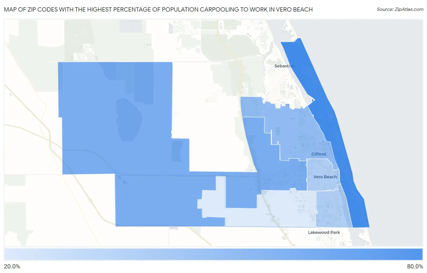 Zip Codes with the Highest Percentage of Population Carpooling to Work in Vero Beach Map