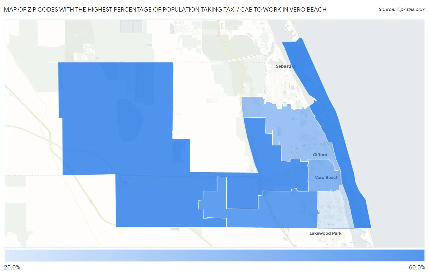 Zip Codes with the Highest Percentage of Population Taking Taxi / Cab to Work in Vero Beach Map