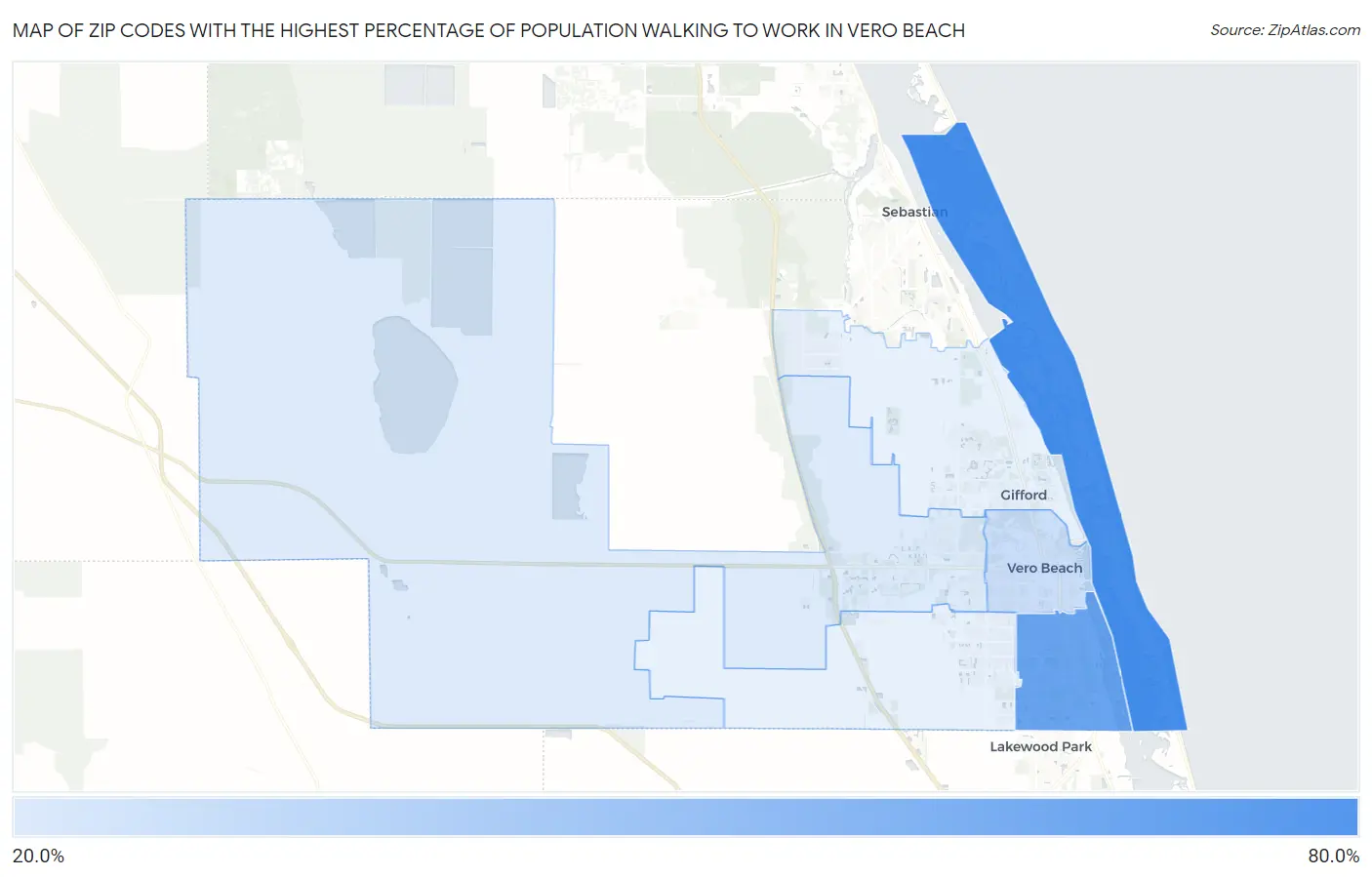 Zip Codes with the Highest Percentage of Population Walking to Work in Vero Beach Map