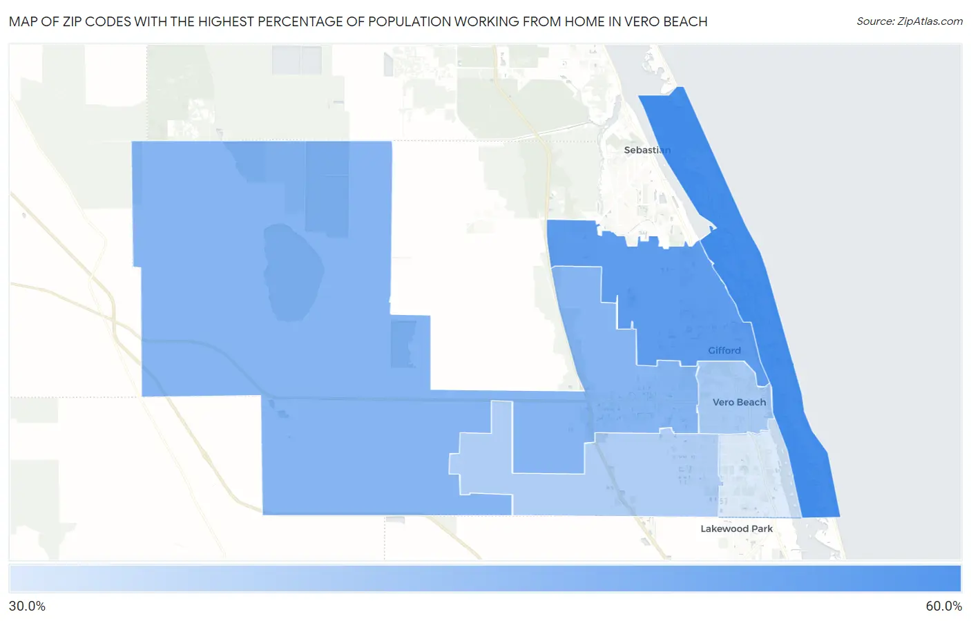 Zip Codes with the Highest Percentage of Population Working from Home in Vero Beach Map