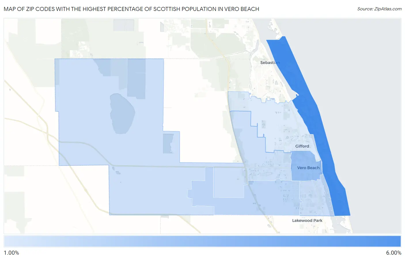 Zip Codes with the Highest Percentage of Scottish Population in Vero Beach Map