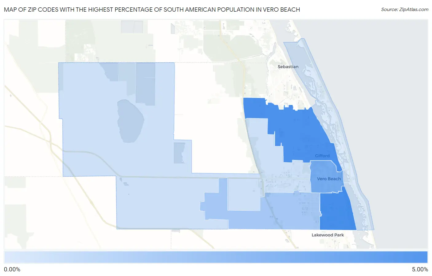 Zip Codes with the Highest Percentage of South American Population in Vero Beach Map
