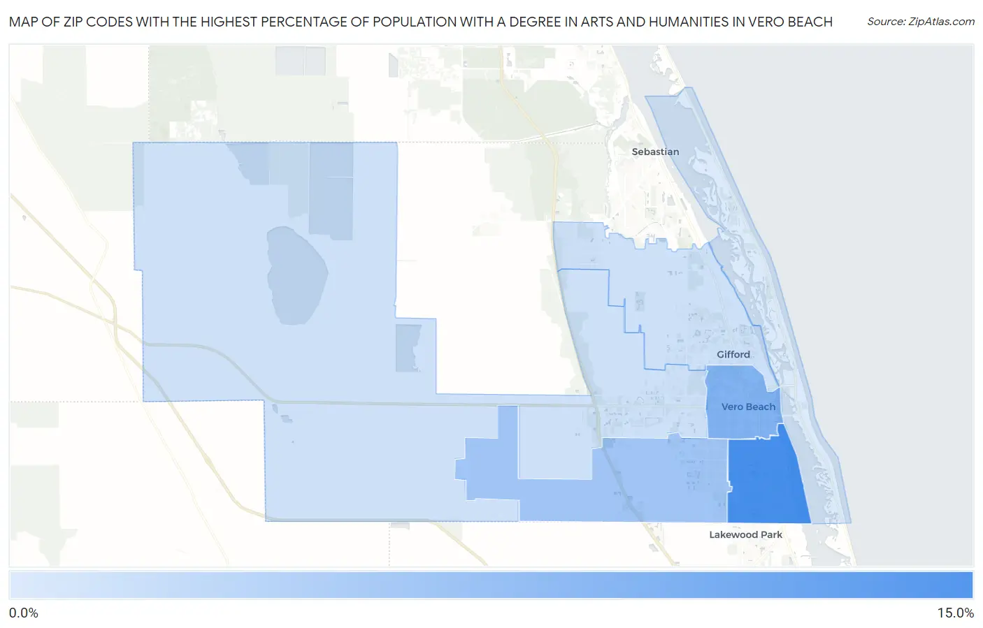 Zip Codes with the Highest Percentage of Population with a Degree in Arts and Humanities in Vero Beach Map