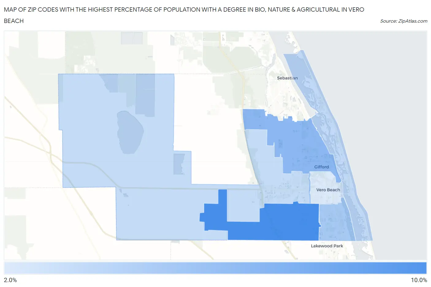 Zip Codes with the Highest Percentage of Population with a Degree in Bio, Nature & Agricultural in Vero Beach Map