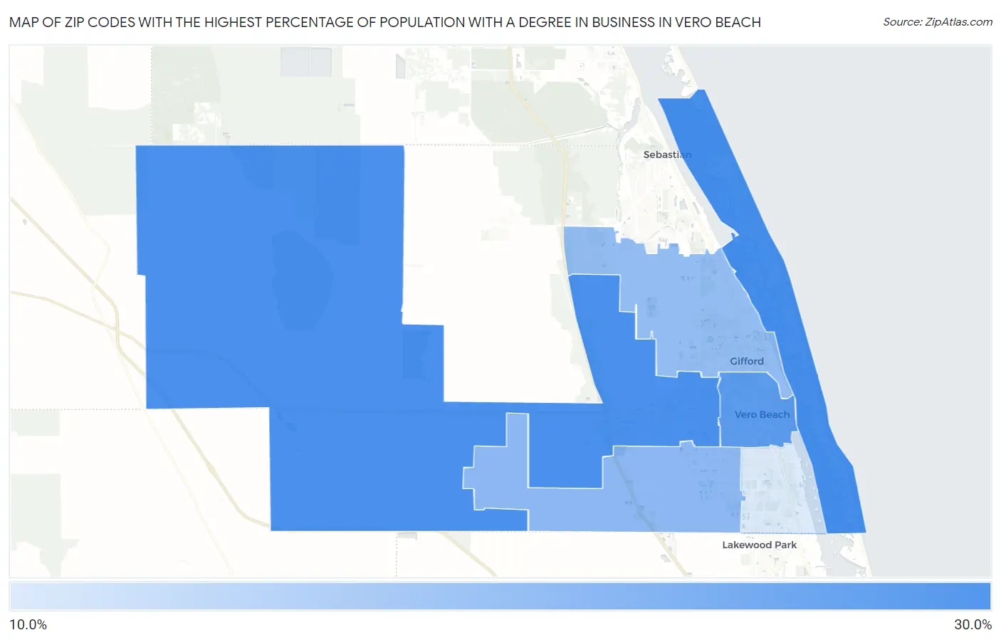Zip Codes with the Highest Percentage of Population with a Degree in Business in Vero Beach Map