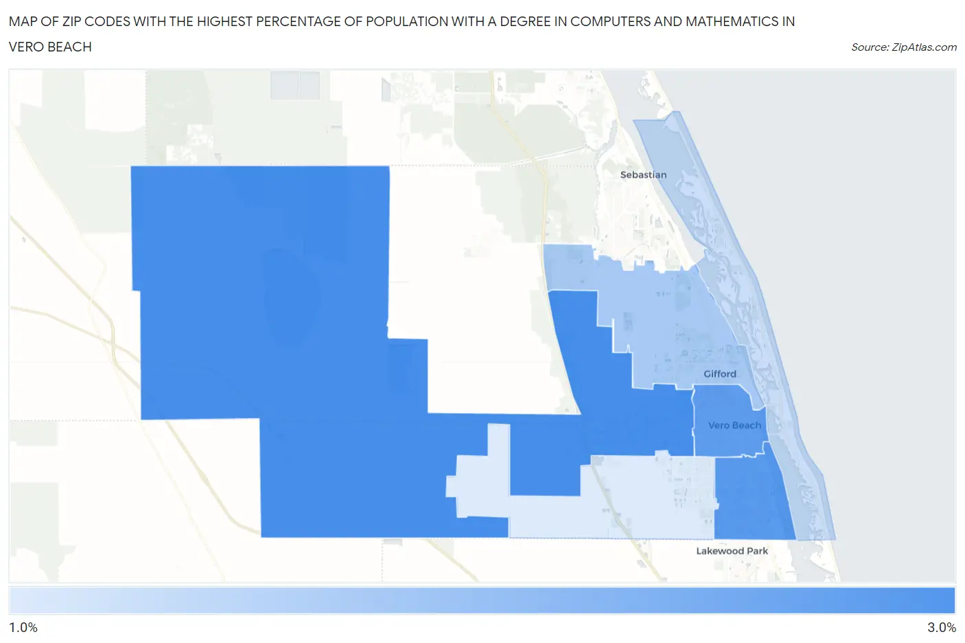 Zip Codes with the Highest Percentage of Population with a Degree in Computers and Mathematics in Vero Beach Map