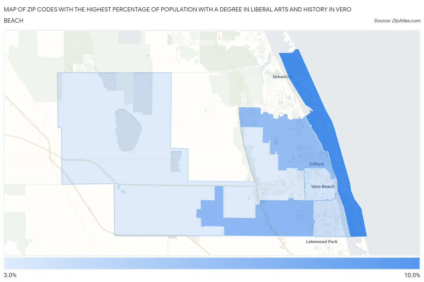 Zip Codes with the Highest Percentage of Population with a Degree in Liberal Arts and History in Vero Beach Map
