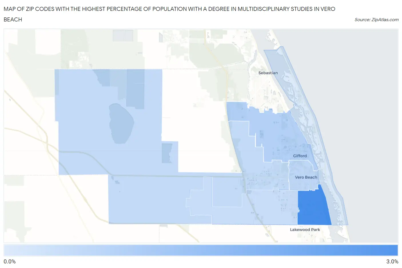 Zip Codes with the Highest Percentage of Population with a Degree in Multidisciplinary Studies in Vero Beach Map