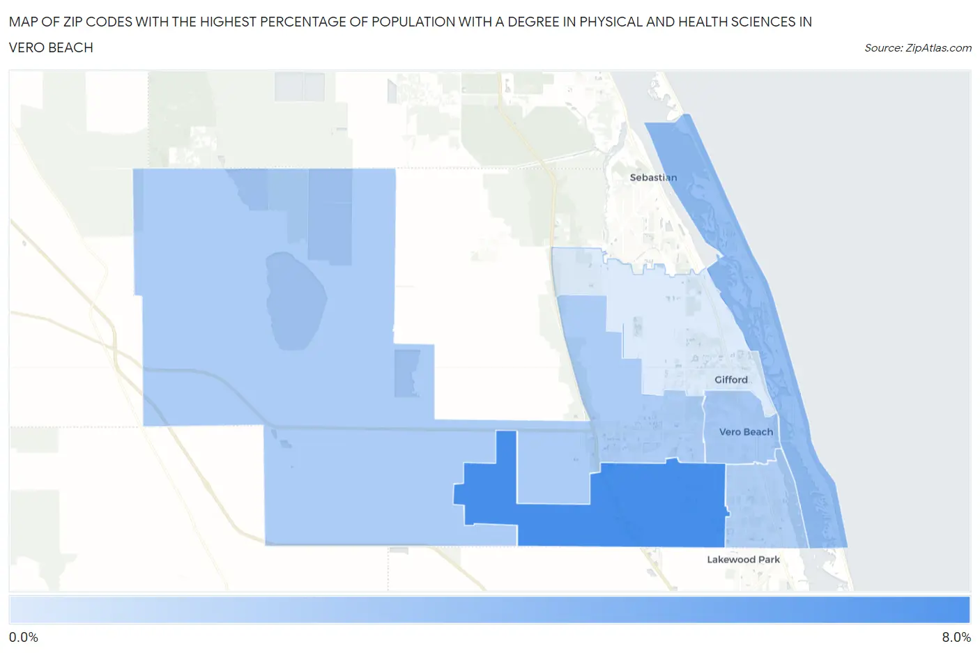 Zip Codes with the Highest Percentage of Population with a Degree in Physical and Health Sciences in Vero Beach Map