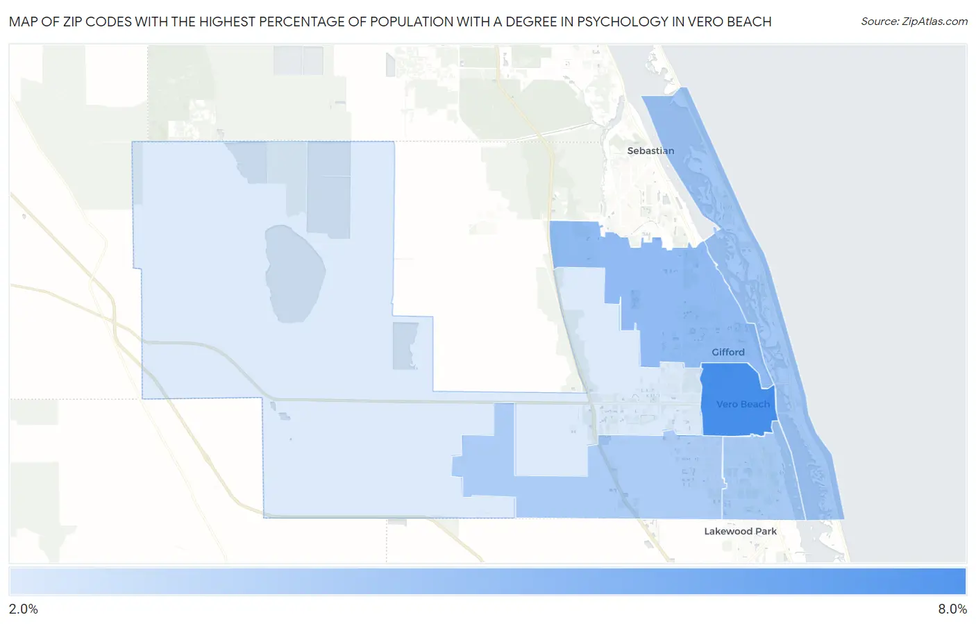 Zip Codes with the Highest Percentage of Population with a Degree in Psychology in Vero Beach Map