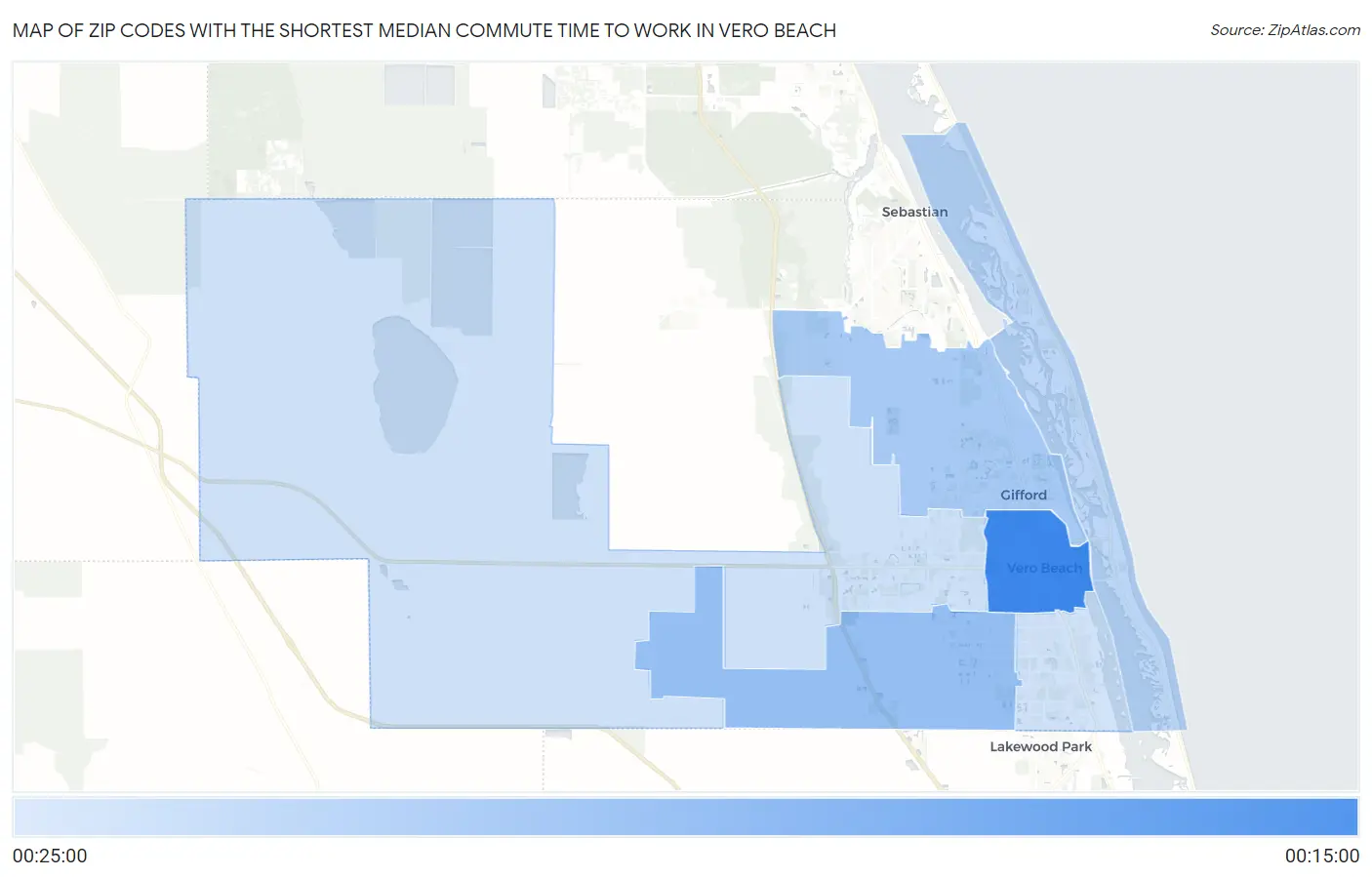 Zip Codes with the Shortest Median Commute Time to Work in Vero Beach Map