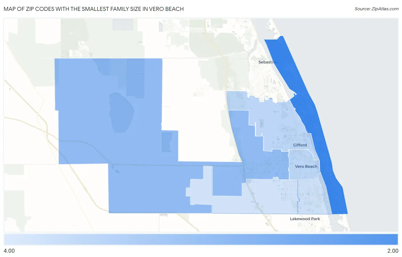 Zip Codes with the Smallest Family Size in Vero Beach Map