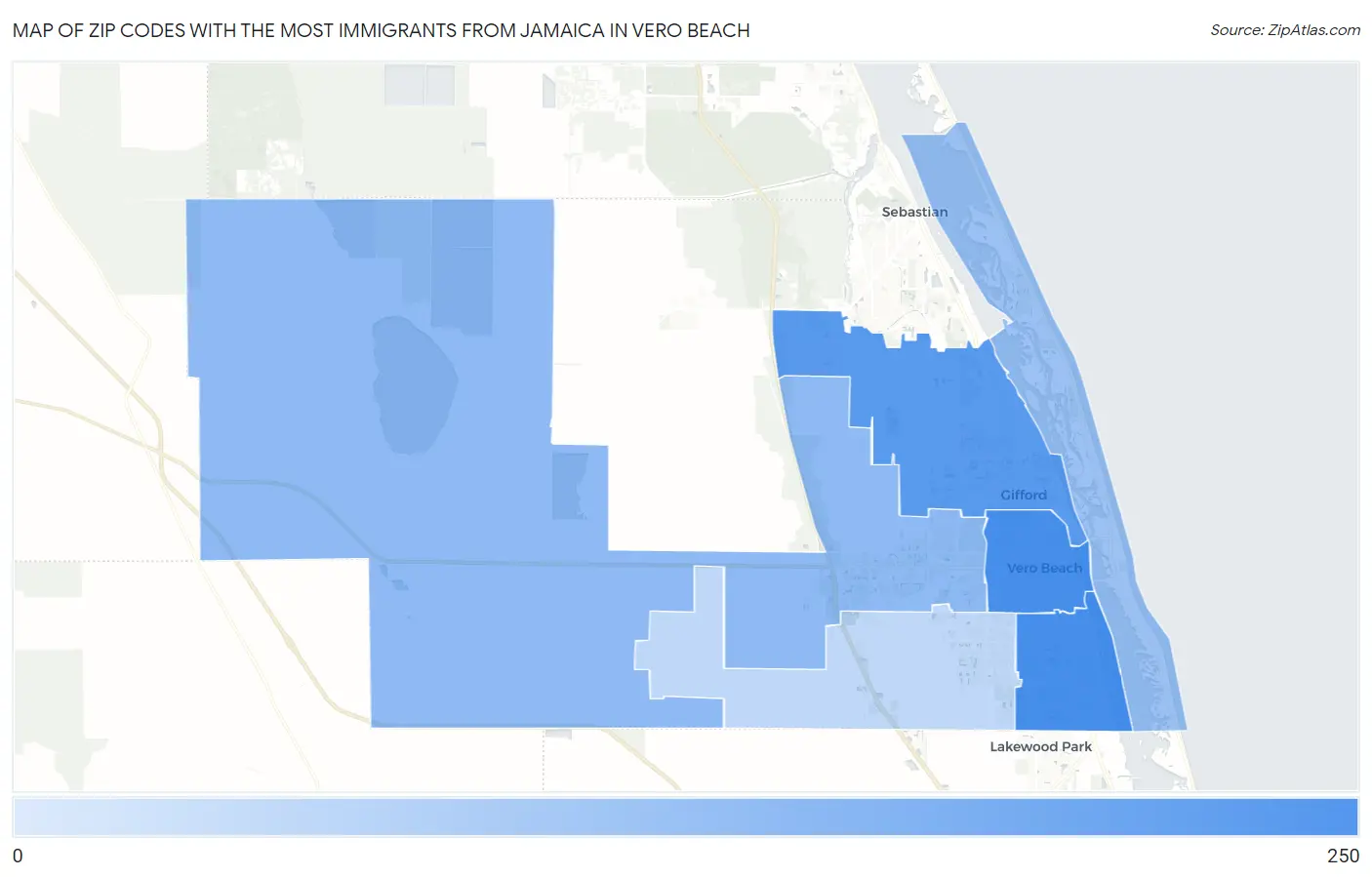 Zip Codes with the Most Immigrants from Jamaica in Vero Beach Map