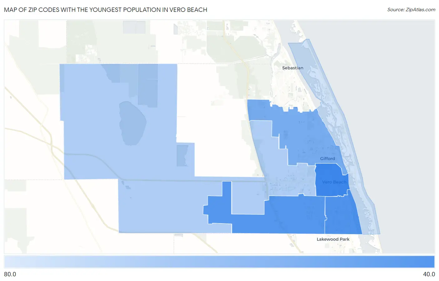 Zip Codes with the Youngest Population in Vero Beach Map