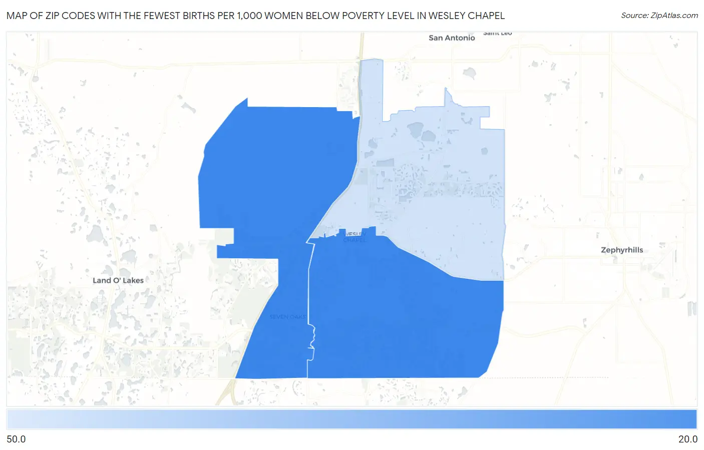 Zip Codes with the Fewest Births per 1,000 Women Below Poverty Level in Wesley Chapel Map