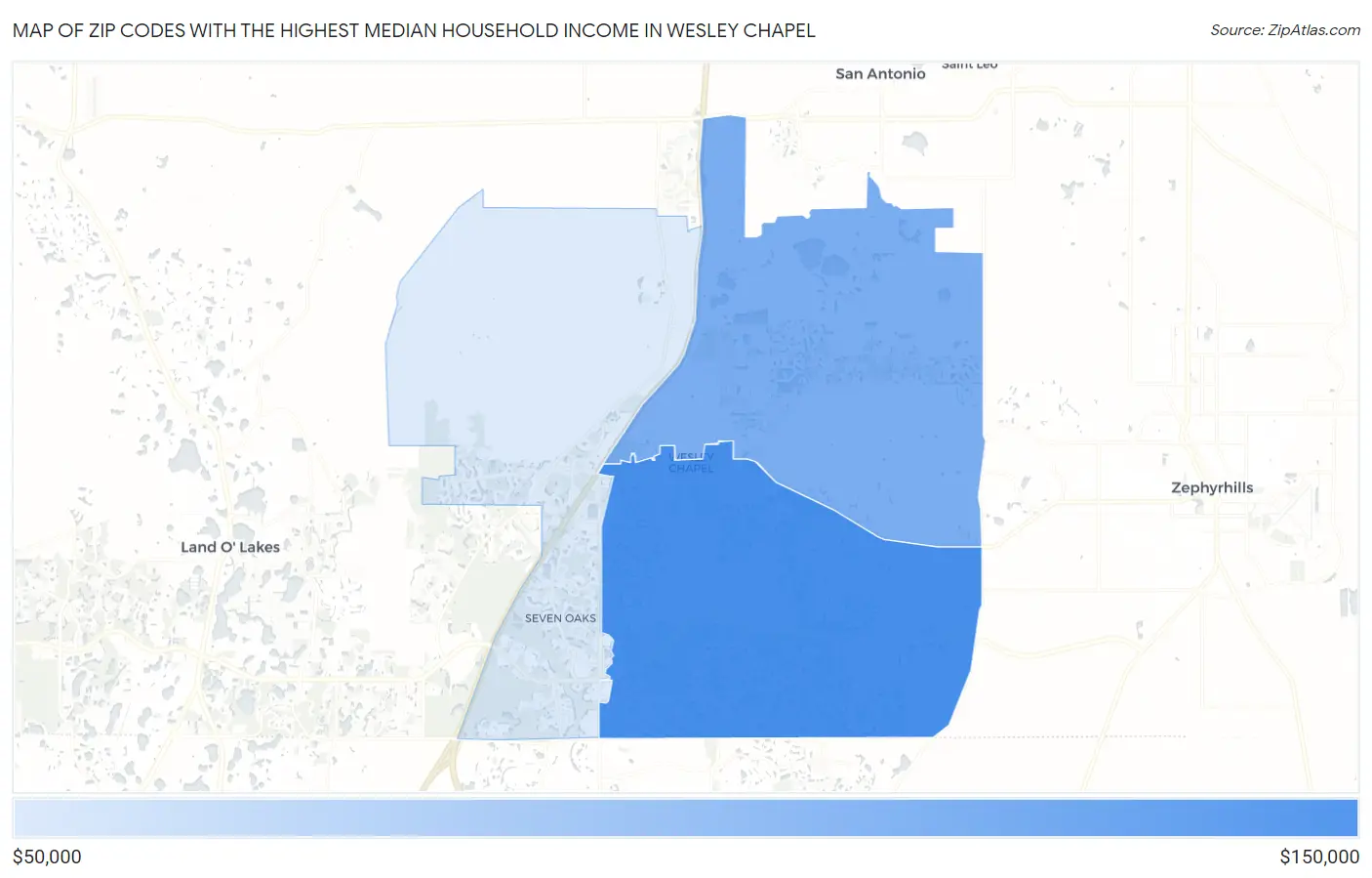 Zip Codes with the Highest Median Household Income in Wesley Chapel Map