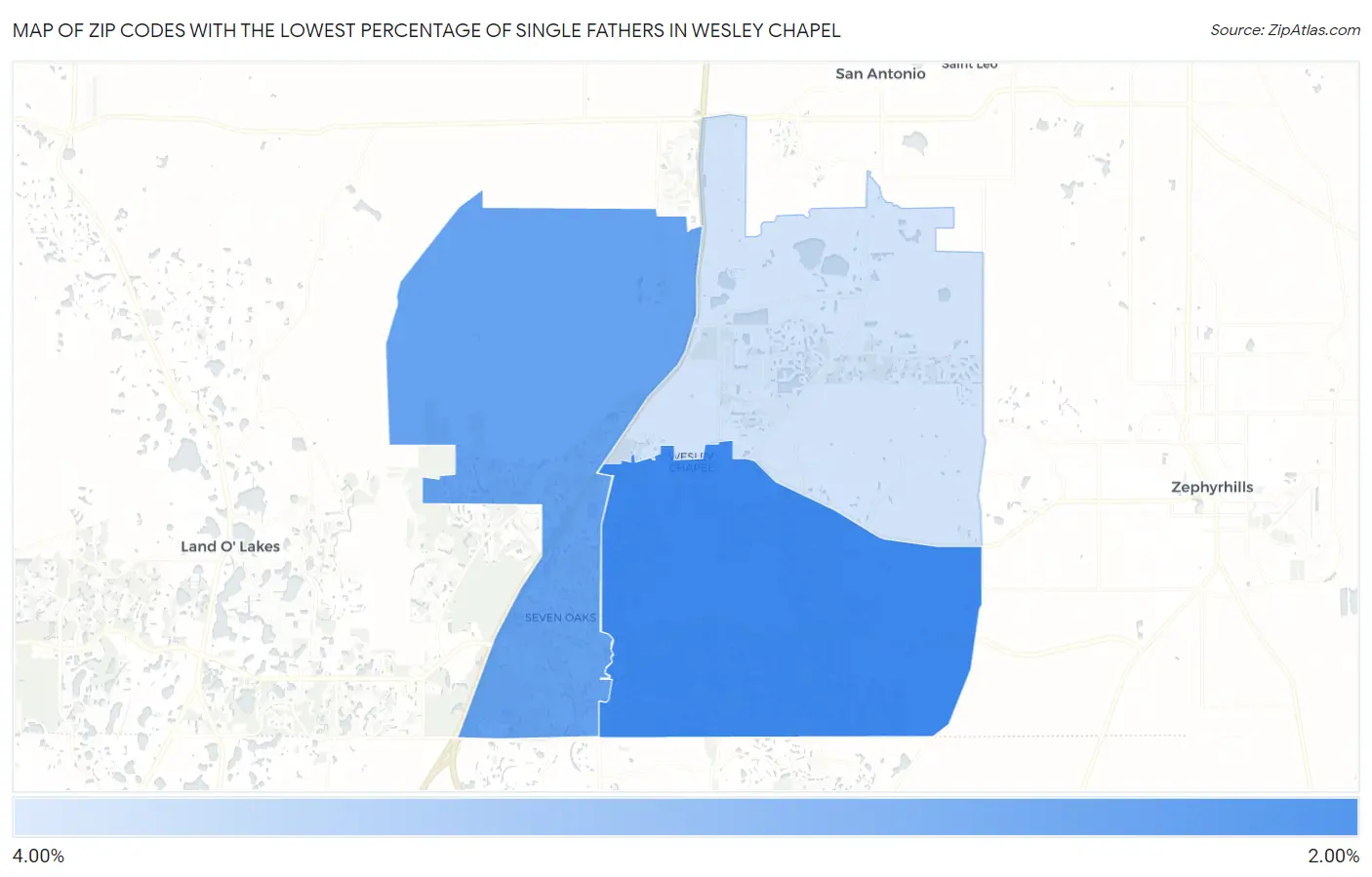 Zip Codes with the Lowest Percentage of Single Fathers in Wesley Chapel Map