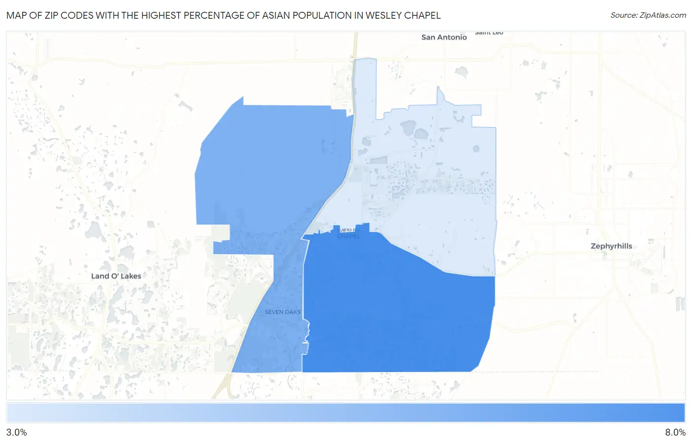 Zip Codes with the Highest Percentage of Asian Population in Wesley Chapel Map