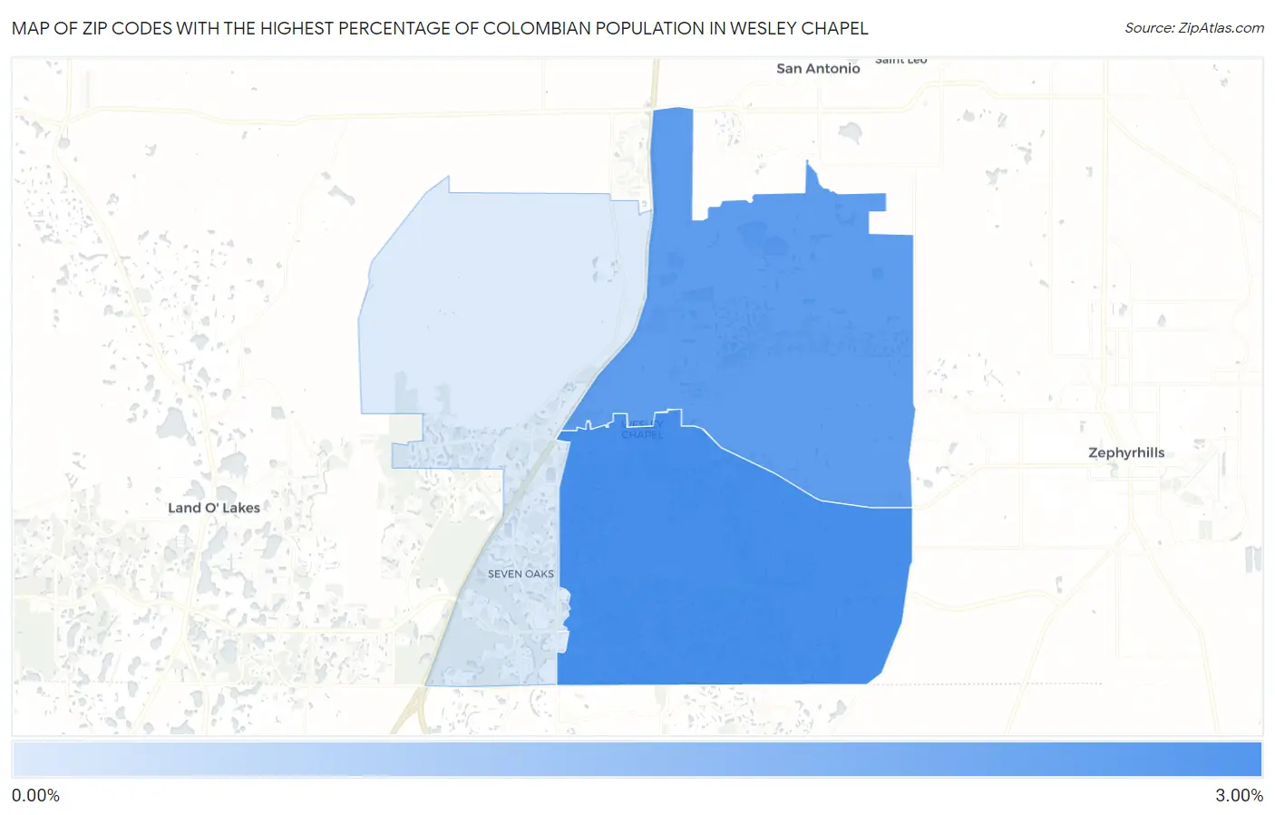 Zip Codes with the Highest Percentage of Colombian Population in Wesley Chapel Map