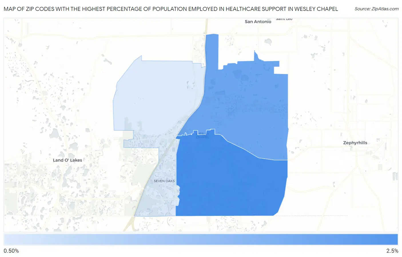 Zip Codes with the Highest Percentage of Population Employed in Healthcare Support in Wesley Chapel Map