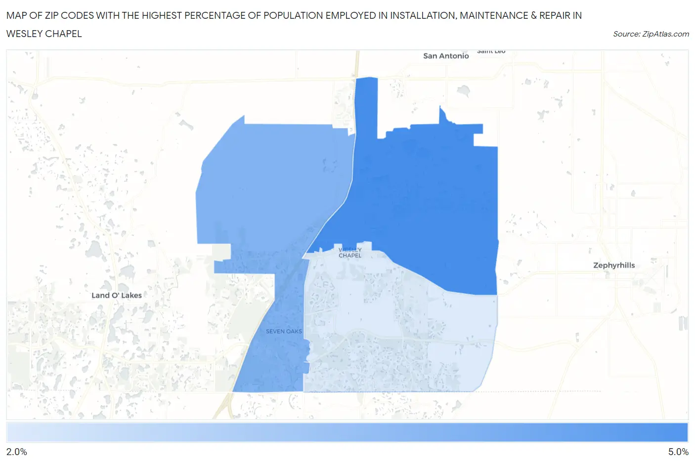 Zip Codes with the Highest Percentage of Population Employed in Installation, Maintenance & Repair in Wesley Chapel Map