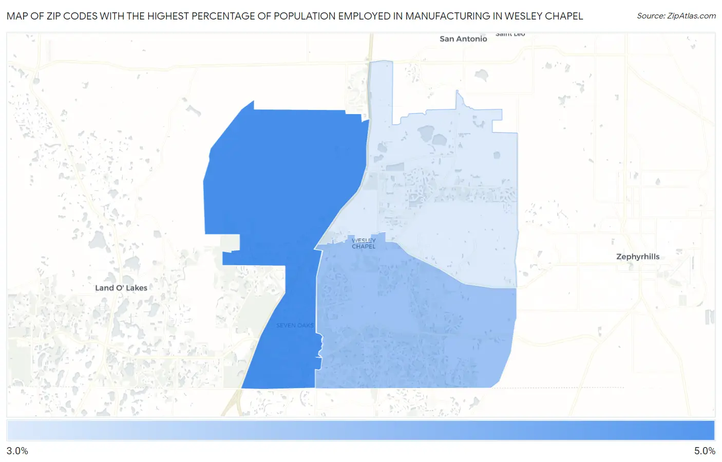 Zip Codes with the Highest Percentage of Population Employed in Manufacturing in Wesley Chapel Map